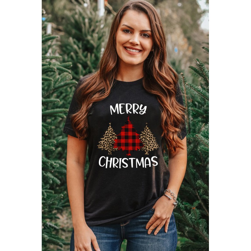 Black Christmas Leopard Plaid Letter Print T Shirt