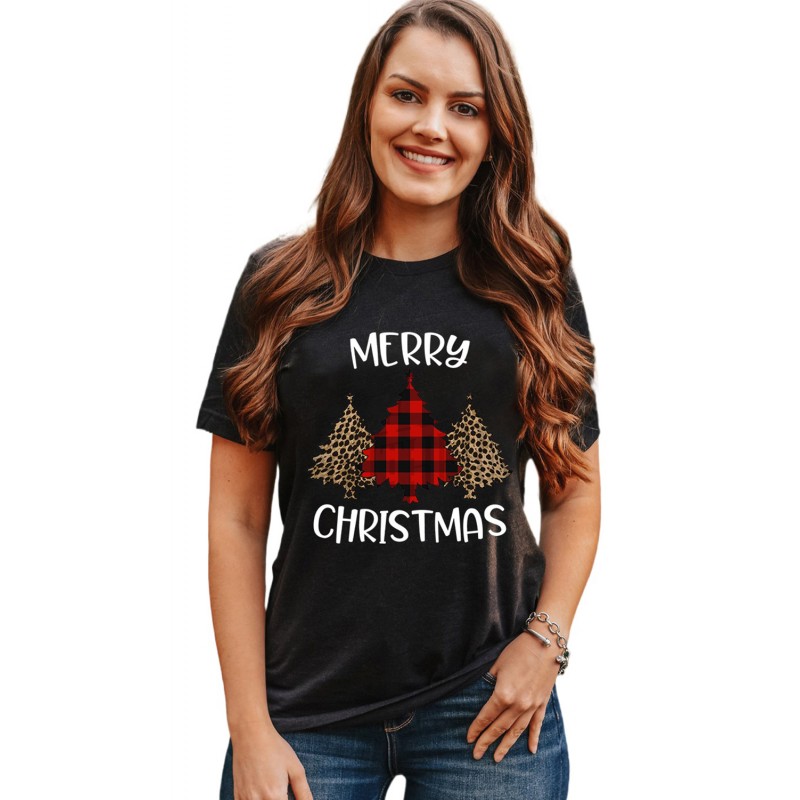 Black Christmas Leopard Plaid Letter Print T Shirt