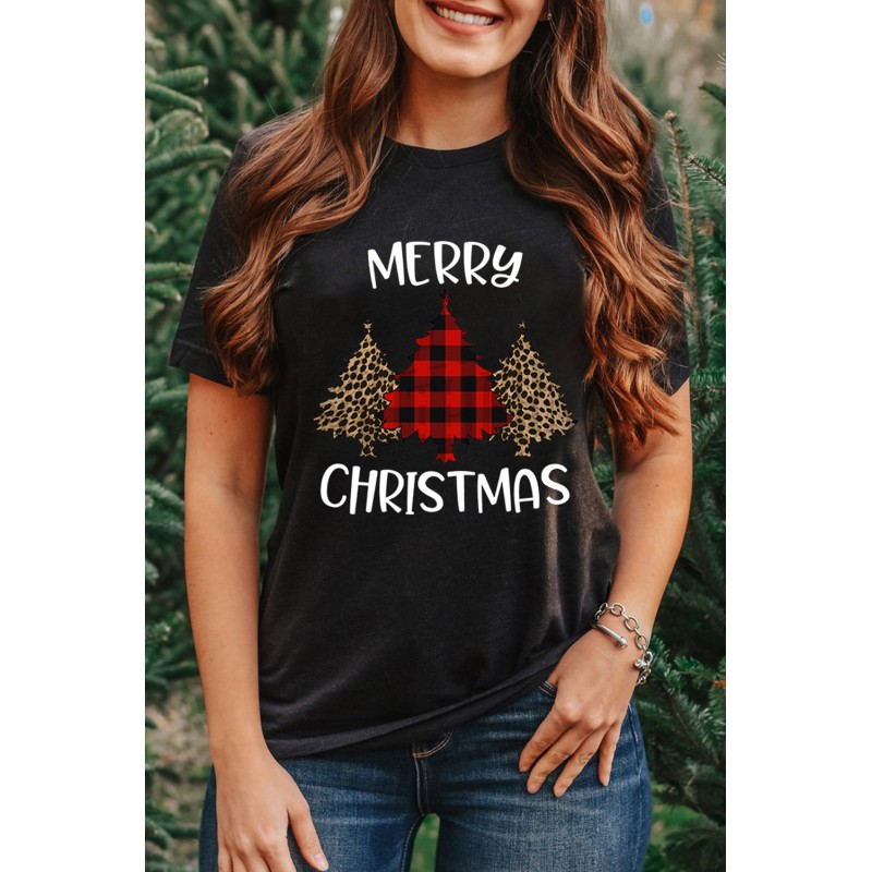 Black Christmas Leopard Plaid Letter Print T Shirt