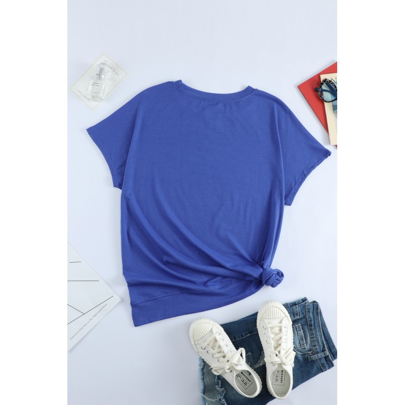 Blue Round Neck Short Sleeve Solid Color Tee