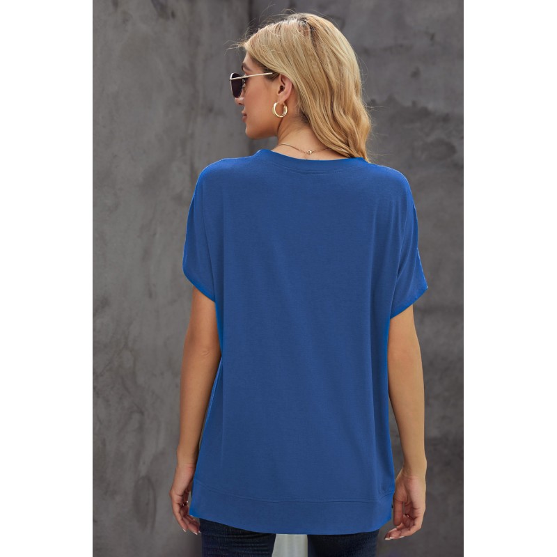 Blue Round Neck Short Sleeve Solid Color Tee