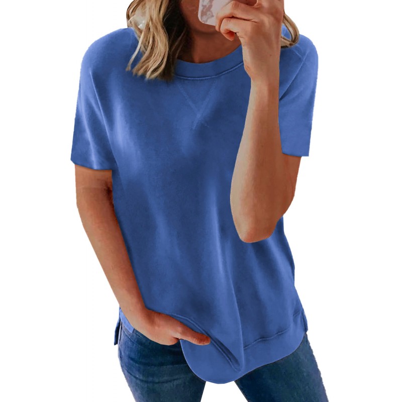 Blue Round Neck Short Sleeve Solid Color Tee