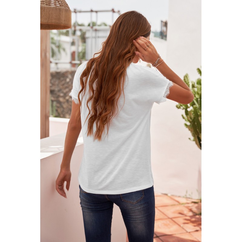 White V Neck Lace Trim Short Sleeve Top