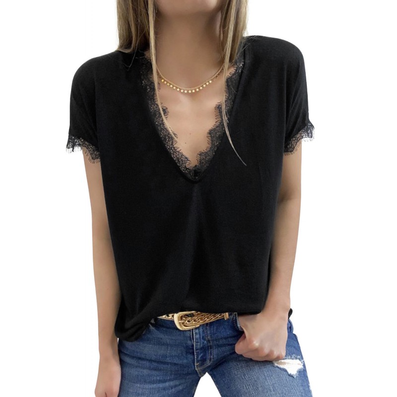 Black V Neck Lace Trim Short Sleeve Top