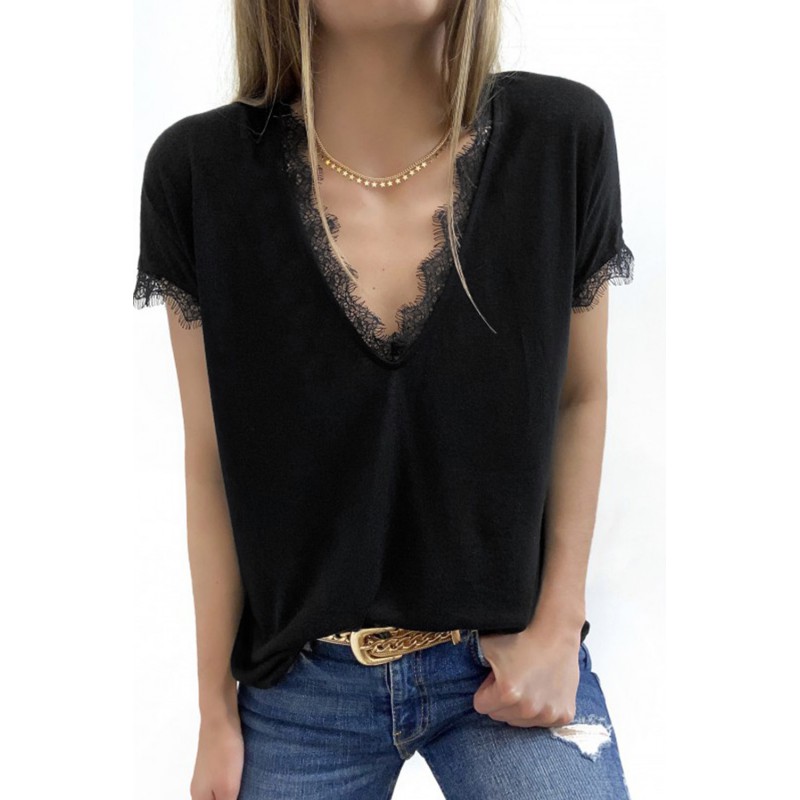 Black V Neck Lace Trim Short Sleeve Top