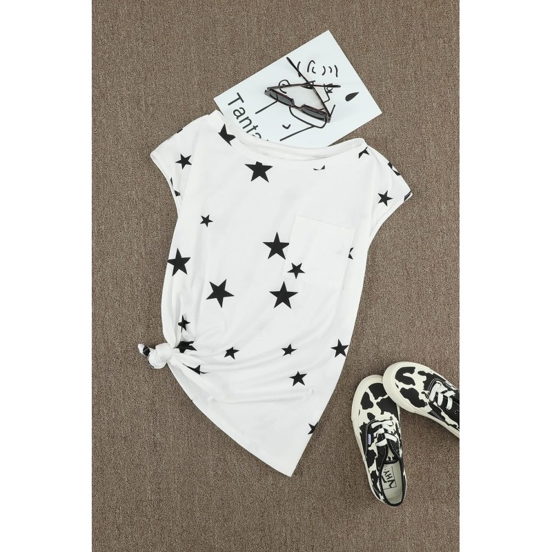 White Crew Neck Star Print T-shirt with Pocket