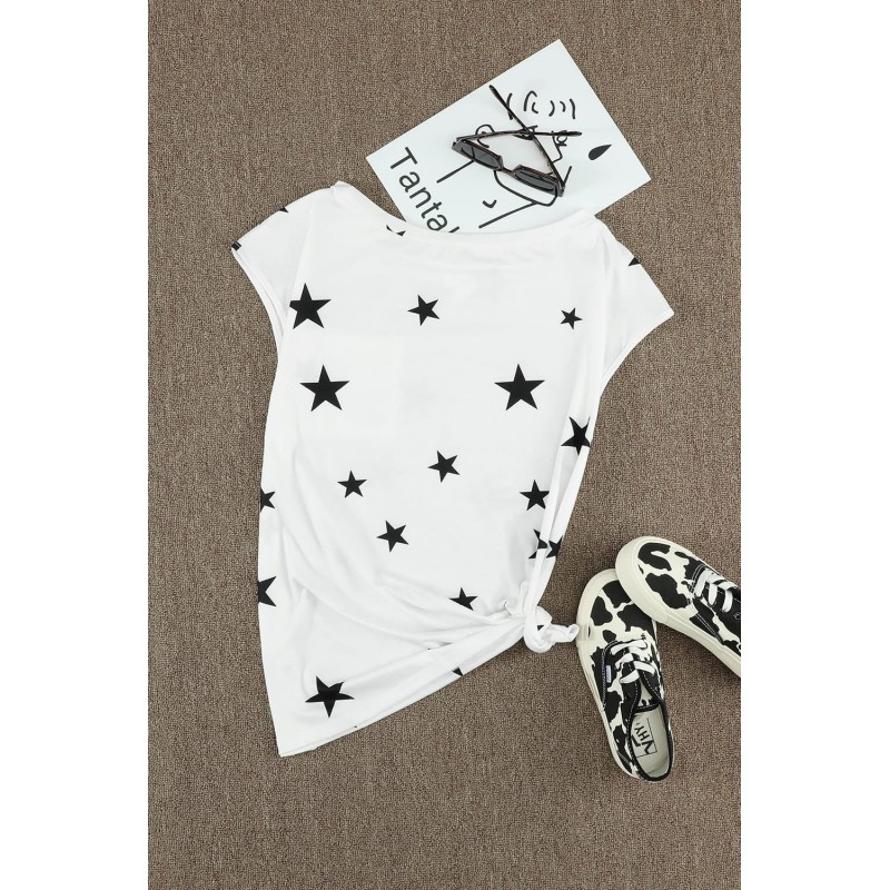 White Crew Neck Star Print T-shirt with Pocket