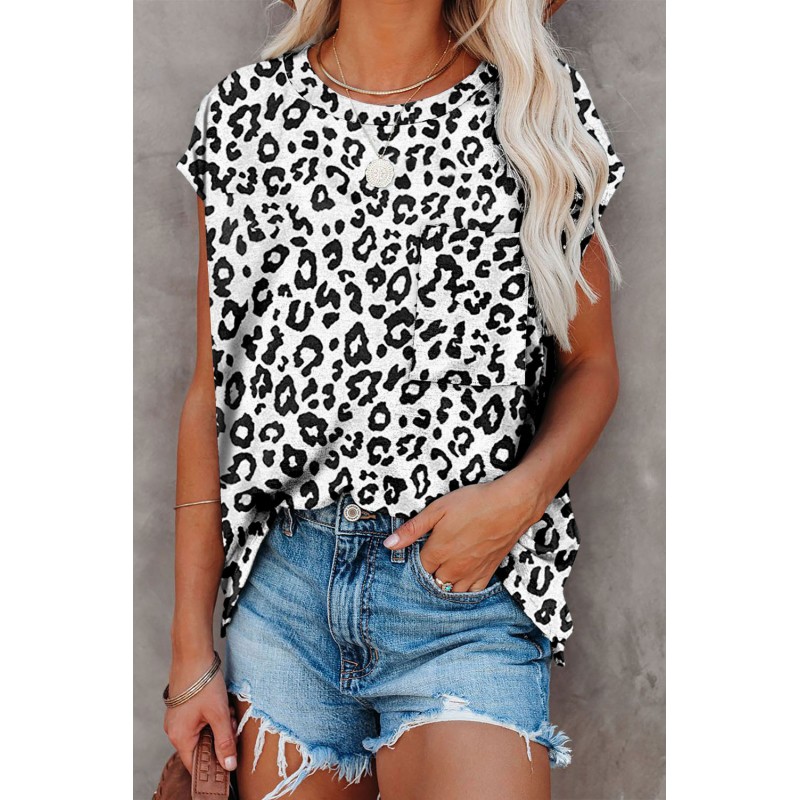 Crew Neck Leopard Print T-shirt with Pocket