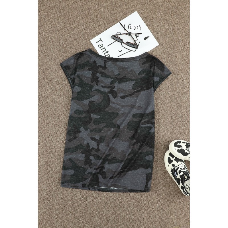 Crew Neck Camo Print T-shirt with Pocket