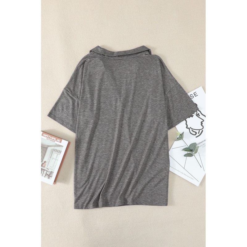 Gray Collared V Neck Drop Sleeves T-shirt