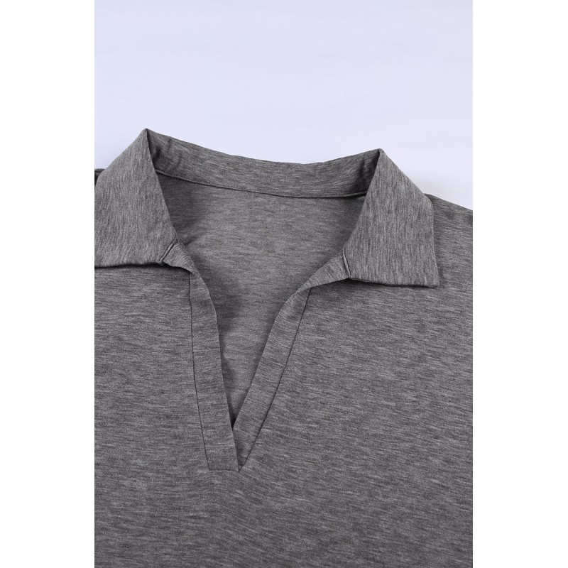 Gray Collared V Neck Drop Sleeves T-shirt