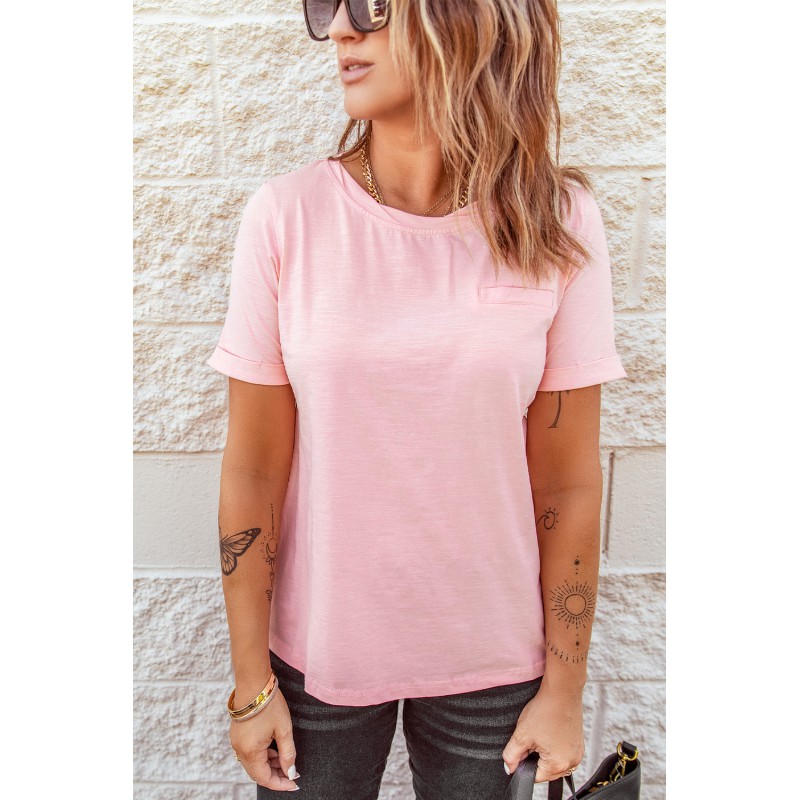 Pink Solid Color Rolled Short Sleeve T Shirt