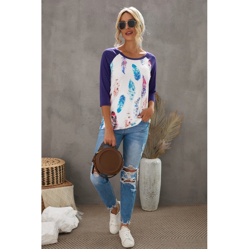 Purple Feather Print three quarter Sleeve Top