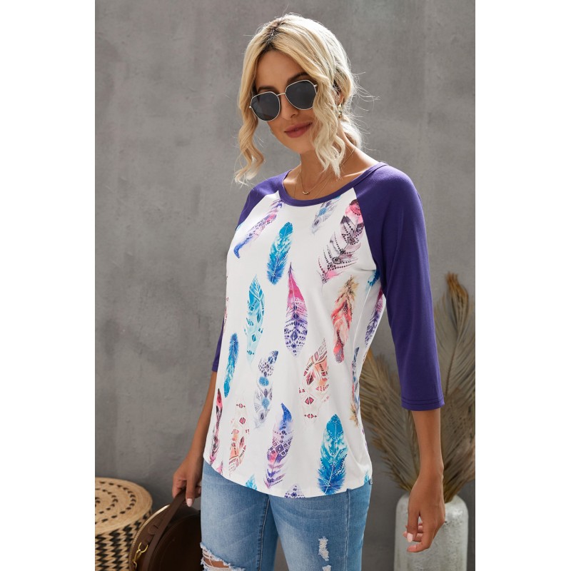 Purple Feather Print three quarter Sleeve Top