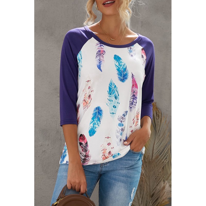 Purple Feather Print three quarter Sleeve Top