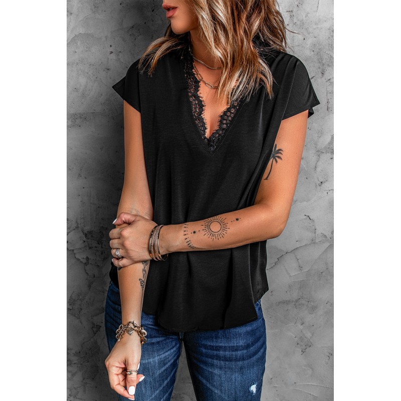 Black V Neck Lace Trim T-shirt