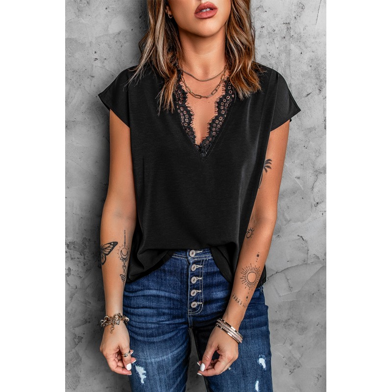 Black V Neck Lace Trim T-shirt