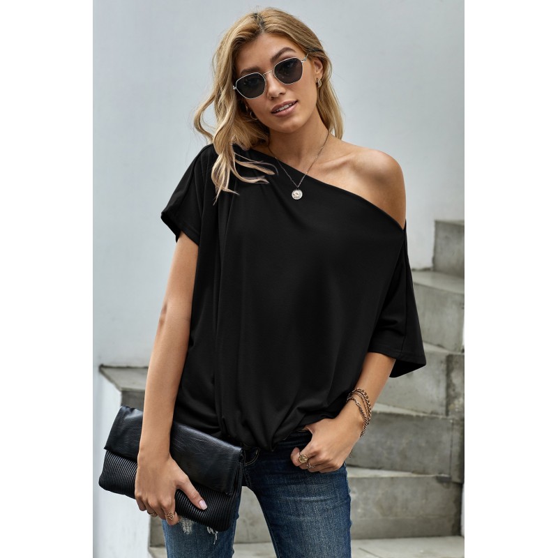 Black Off-The-Shoulder Slash Neck Casual Loose Fitting Top