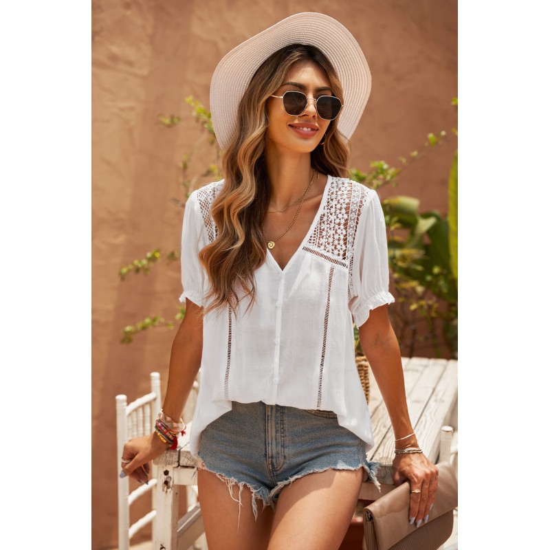 White V Neck Lace Crochet Short Sleeve Shirt