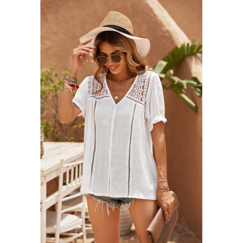 White V Neck Lace Crochet Short Sleeve Shirt