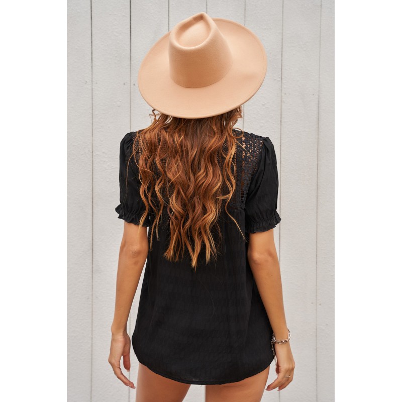 Black V Neck Lace Crochet Short Sleeve Shirt