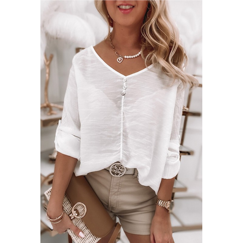 White Lace Back Button V Neck Top