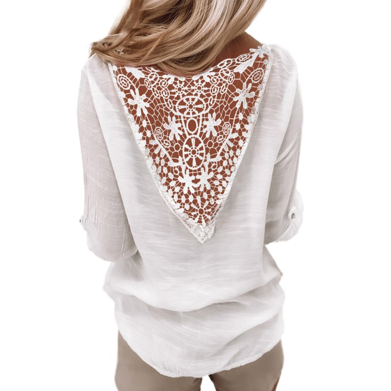 White Lace Back Button V Neck Top