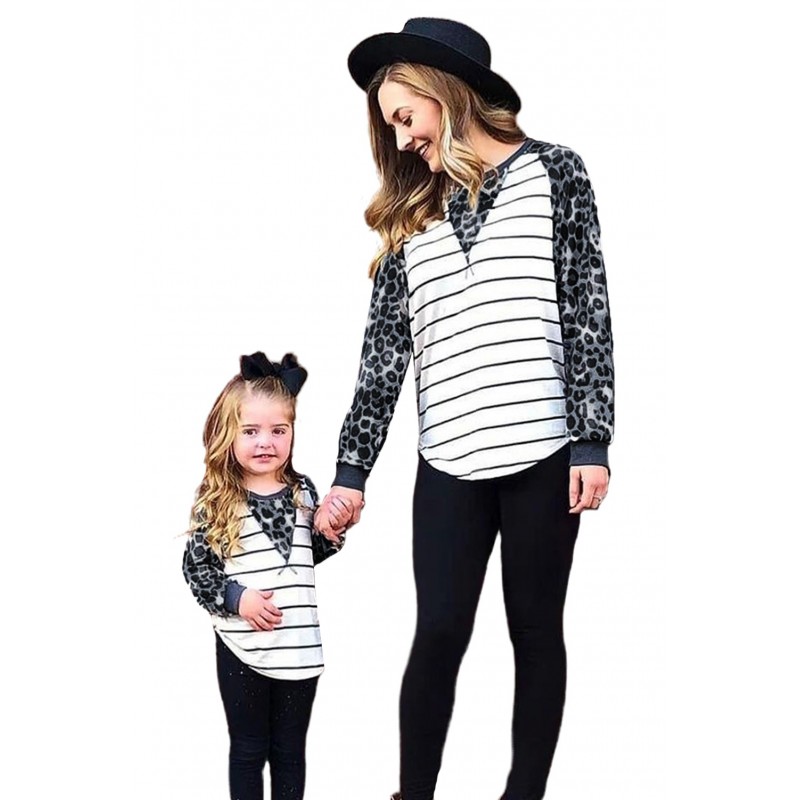 Family Matching Raglan Sleeve Striped Leopard Splicing Women's Top