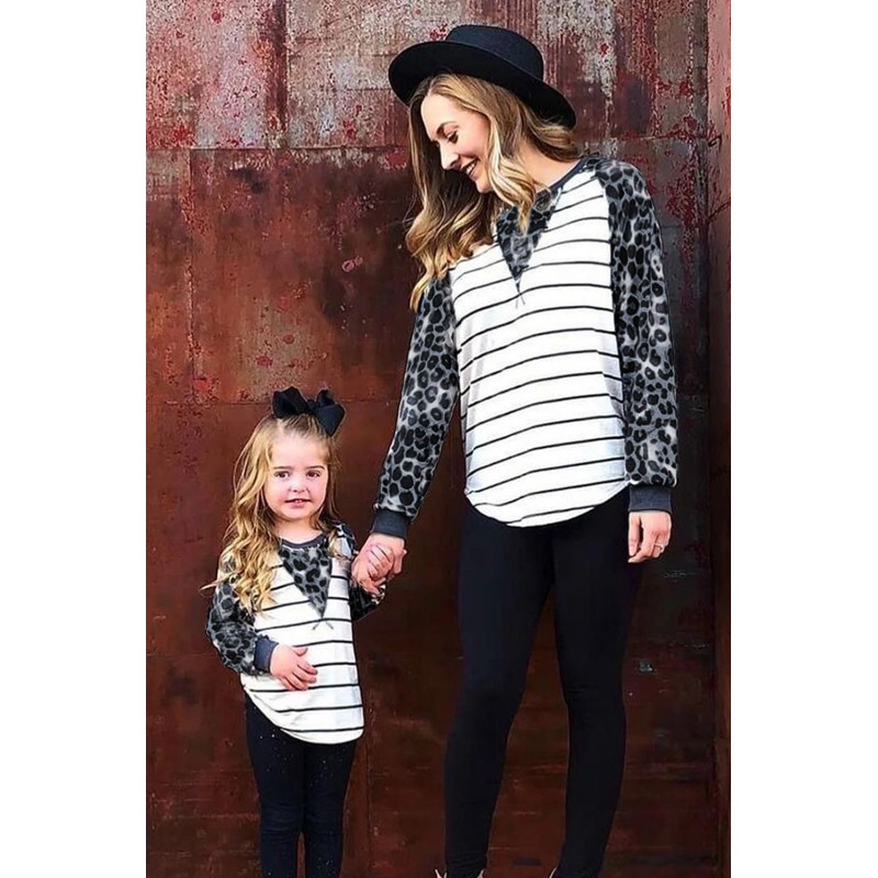 Family Matching Raglan Sleeve Striped Leopard Splicing Women's Top